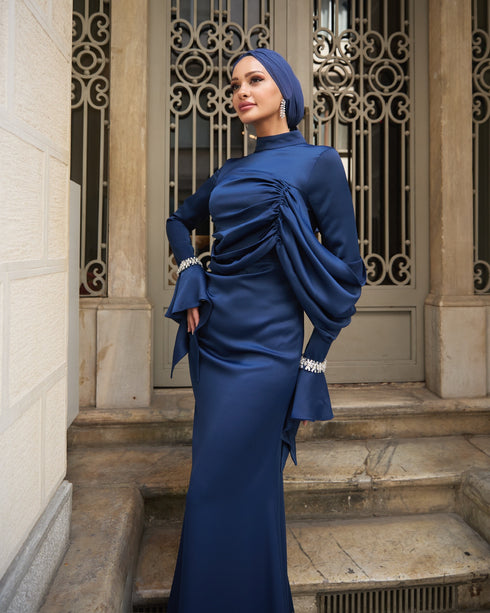 Ela Taşlı Lacivert Abiye