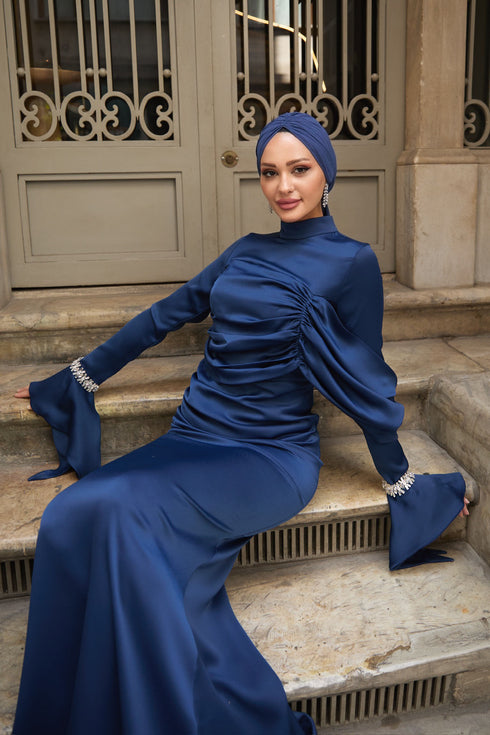 Ela Taşlı Lacivert Abiye