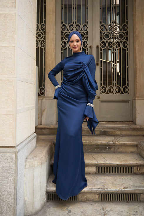 Ela Taşlı Lacivert Abiye