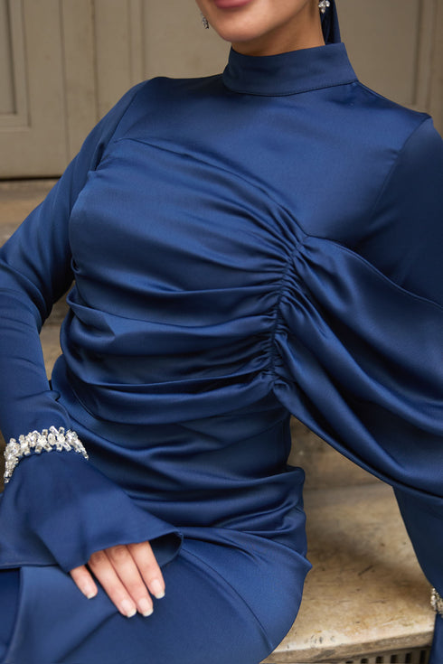 Ela Taşlı Lacivert Abiye