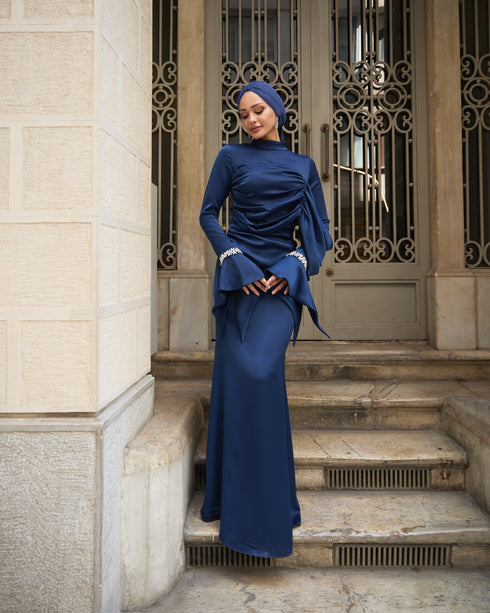 Ela Taşlı Lacivert Abiye