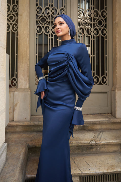 Ela Taşlı Lacivert Abiye