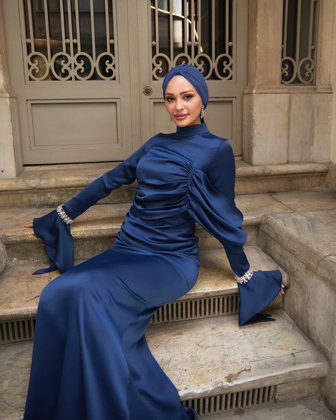 Ela Taşlı Lacivert Abiye