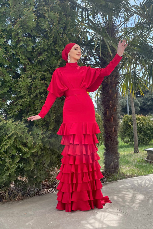 Asude Robe de soirée islamique rouge