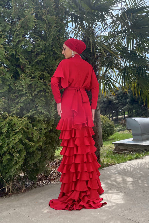 Asude Robe de soirée islamique rouge